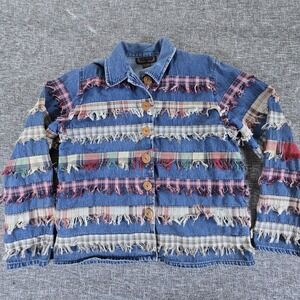Life Style Denim Jacket Women Plaid Fringe Embellished Button Up Blue Casual